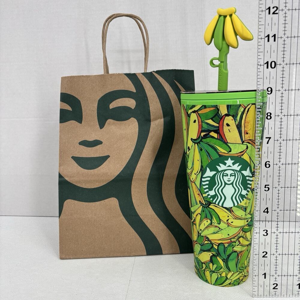 Starbucks x Farm Rio 24oz Tumbler Green Yellow Banana Straw Topper Summer 2025 - Picture 10 of 10